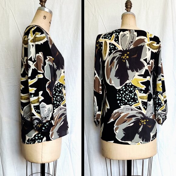 Lafayette 148 New York Black, Brown & Yellow Arnette Silk Floral Blouse XS - Picture 4 of 7